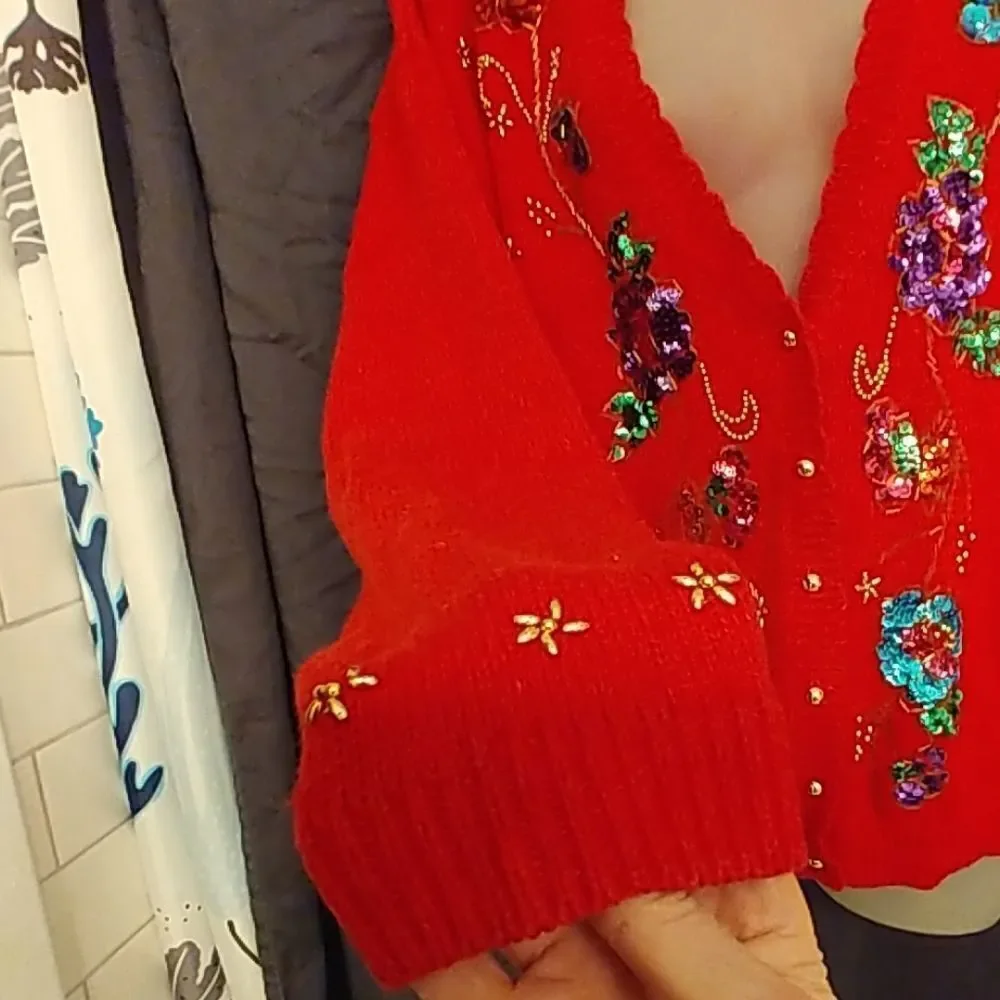 Gloriously Gaudy Red Sequined Floral Sweater - Picture 3 of 7